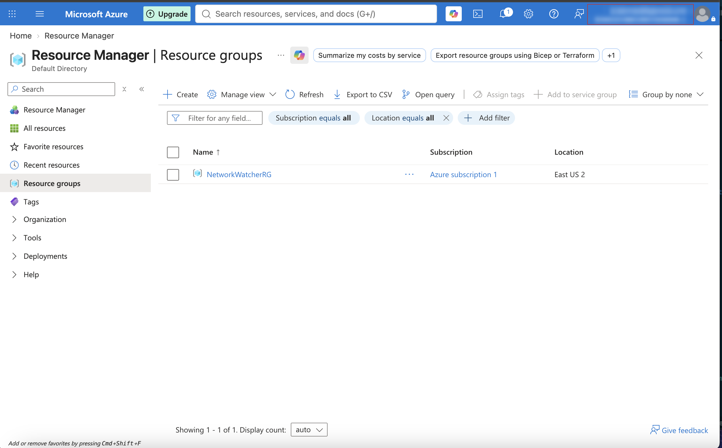 Azure resource groups list showing only NetworkWatcherRG