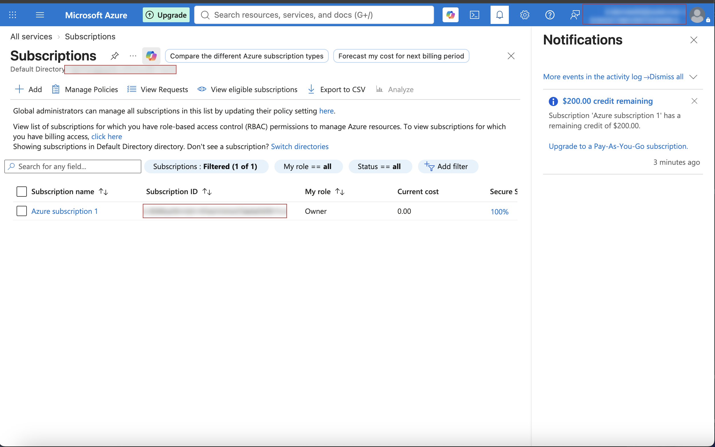 Azure subscription overview showing Owner role and zero cost