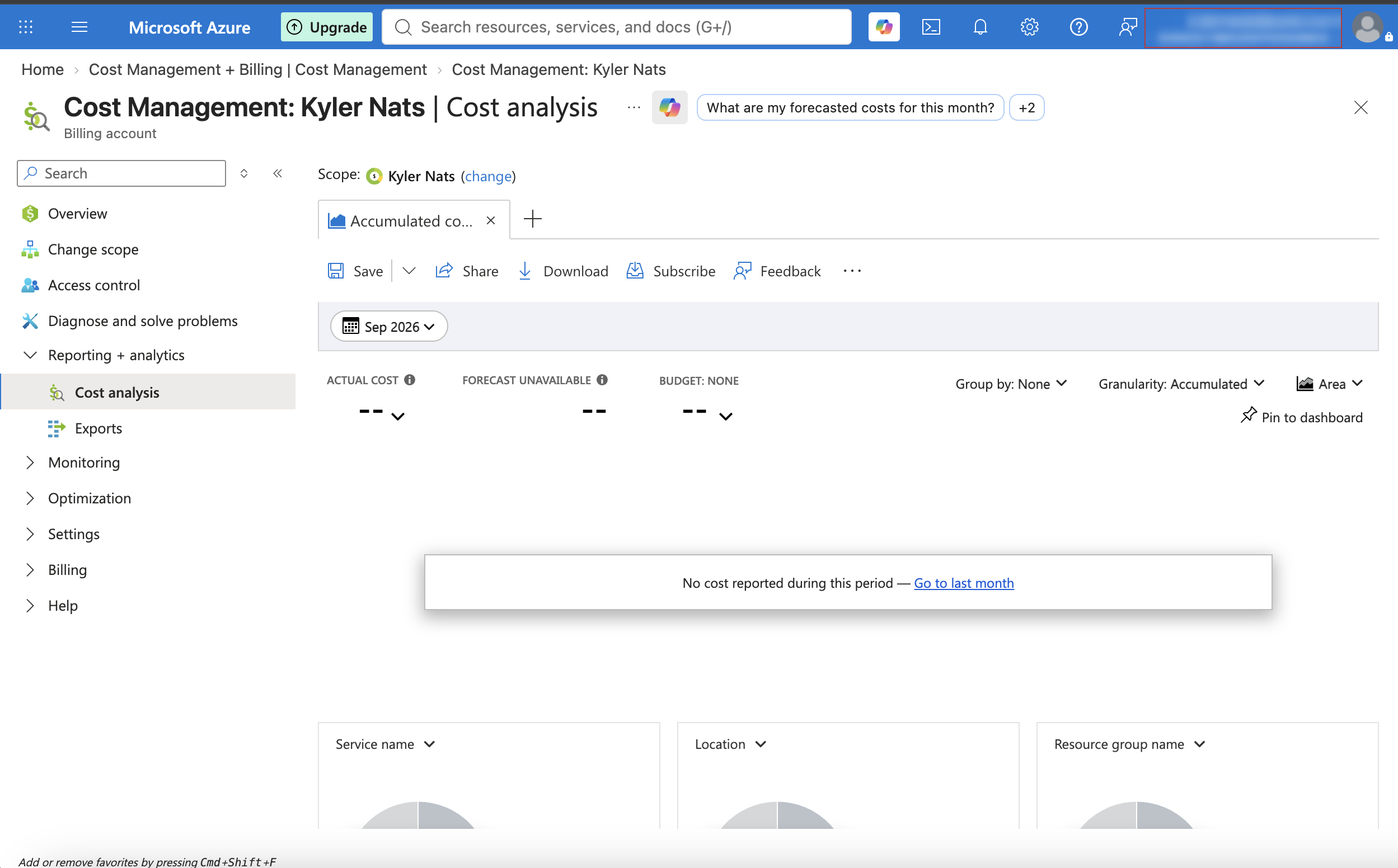 Azure cost analysis showing no cost, no budget and no forecast